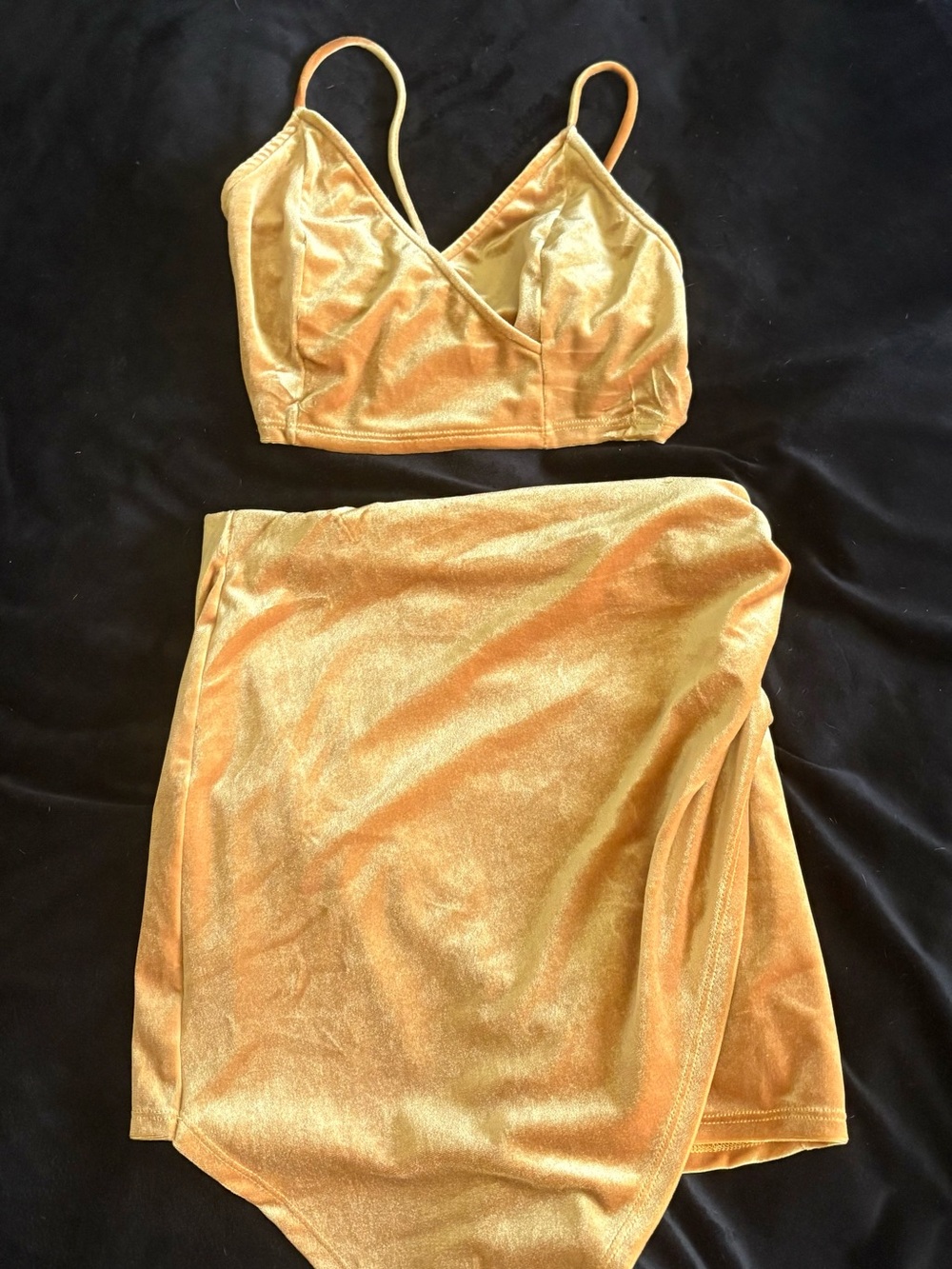 Better Be Gold Velvet Bralette & Asymmetrical Skirt Set
